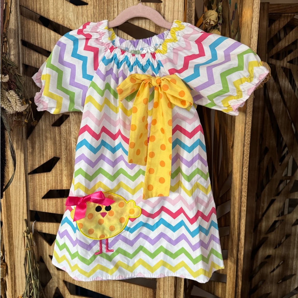 Colorful Chevron Easter Dress with Bow and Chick